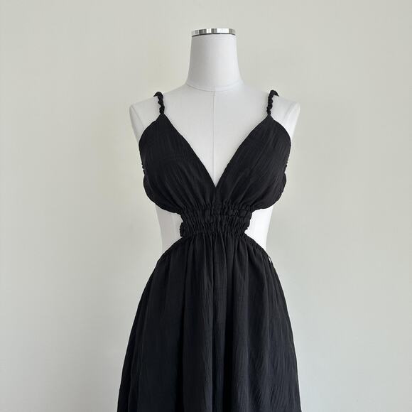 MABLE Maxi Dress Womens Small Black Cut Out Tiered Open Back Boho Strappy Brunch - Picture 2 of 6